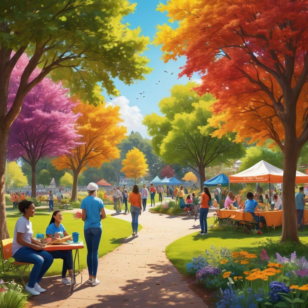A lively community scene showcasing volunteers engaging with diverse local residents in a colorful park setting, featuring engaging activities like gardening, tutoring, and food distribution. The background should include vibrant trees and a banner that reads 'Support to Happiness'. The atmosphere should feel warm and inviting, highlighting joy and connection. super-realistic. vibrant colors.