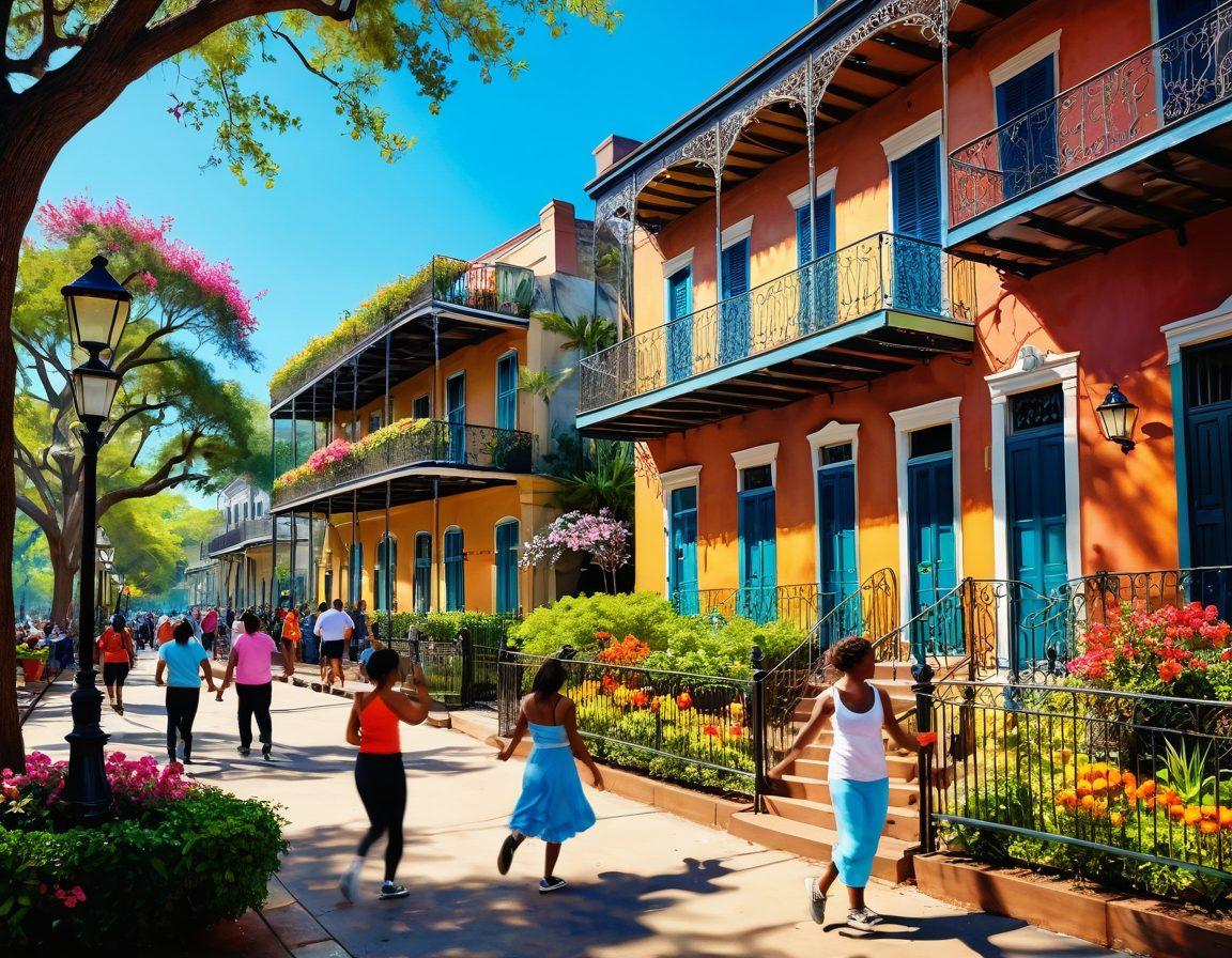 A vibrant scene featuring a diverse group of people engaging in cheerful activities like dancing, painting, and playing music in a colorful park in New Orleans. The backdrop includes iconic elements such as wrought iron balconies, and blooming flowers, reflecting the city's unique culture. Sunlight filters through the trees, creating a warm and inviting atmosphere, symbolizing mental well-being and community bonds. super-realistic. vibrant colors. 3D.