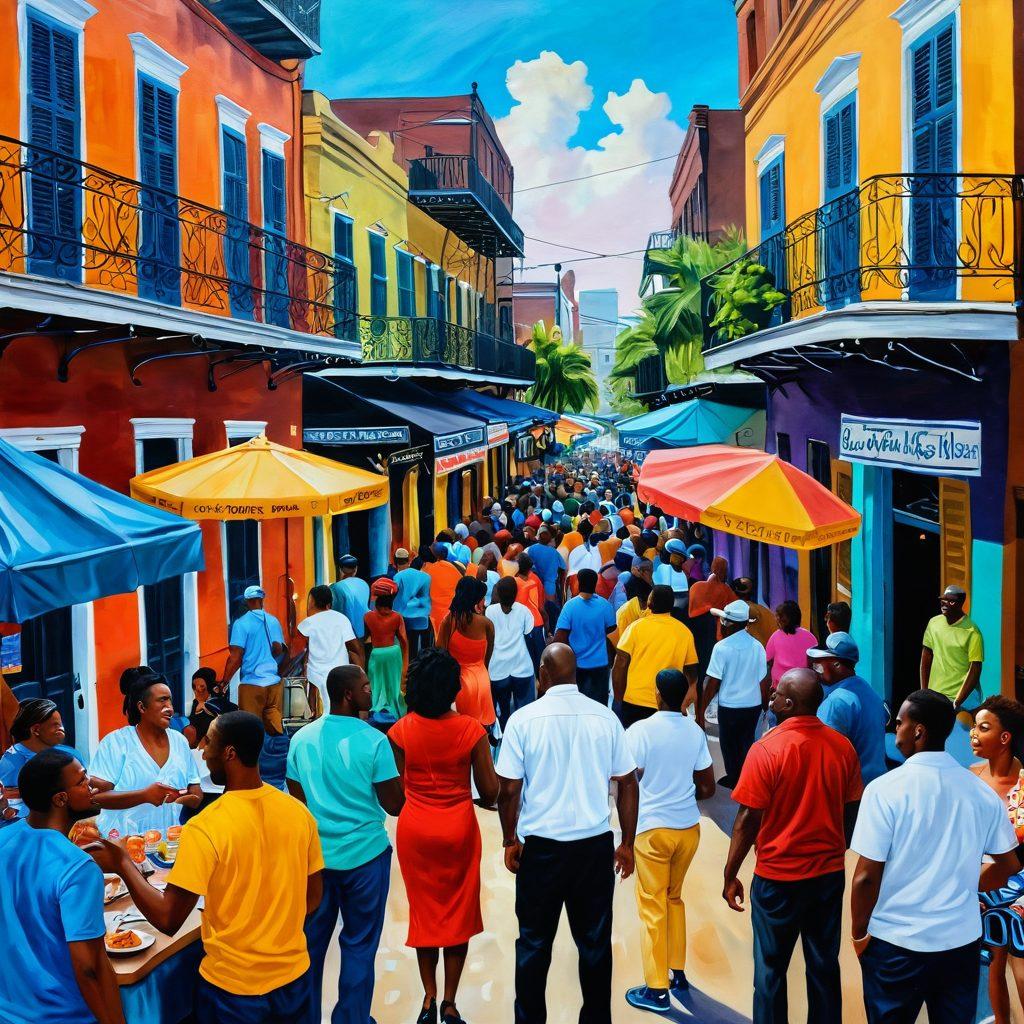 A vibrant street scene in New Orleans with diverse community members gathering around a lively outdoor event featuring music, dancing, and local art. Include elements like street food vendors, colorful banners, and people engaging joyfully together, symbolizing support and connection. Capture the essence of NOLA's culture and spirit. painting. vibrant colors. lively atmosphere.